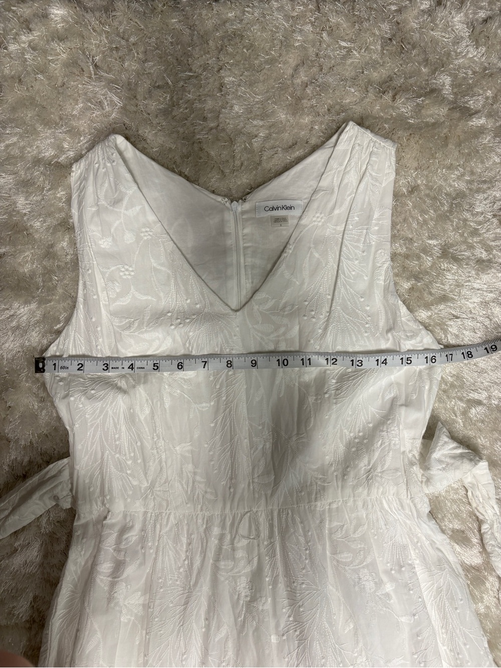 Calvin Klein White Sleeveless Tie- Waist Maxi Dress w/ Textured Leaf Embroidery - Picture 8 of 10